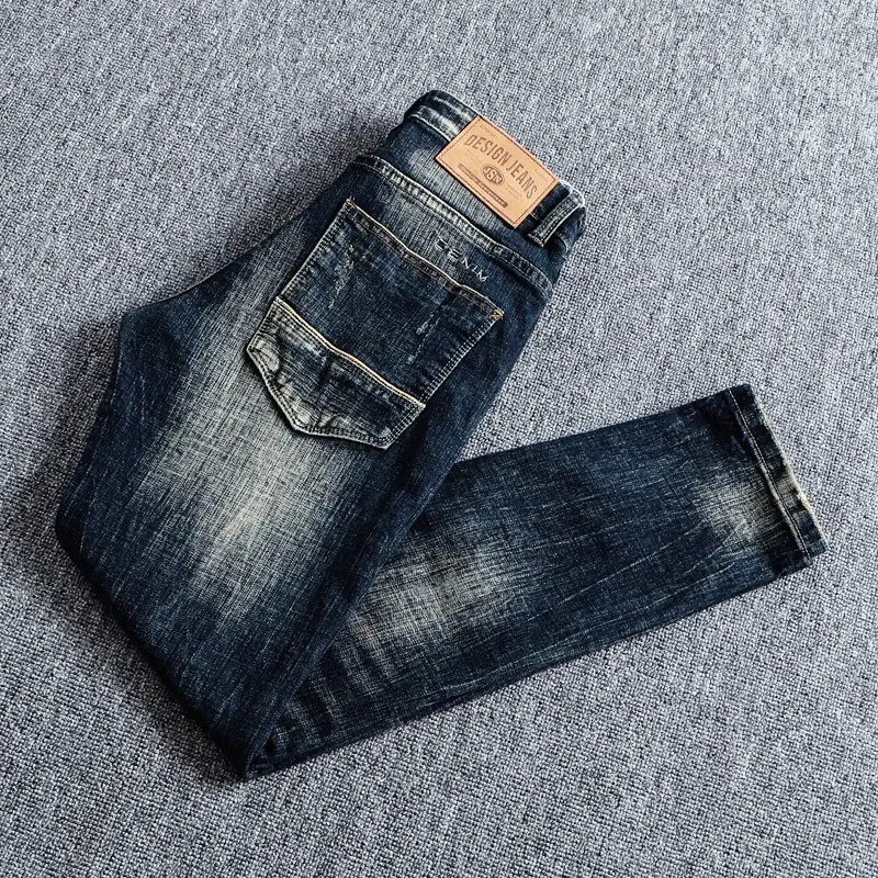 Miniatura: Men Black Blue Elastic Slim Fit Ripped Jeans Men Trousers Vintage Designer