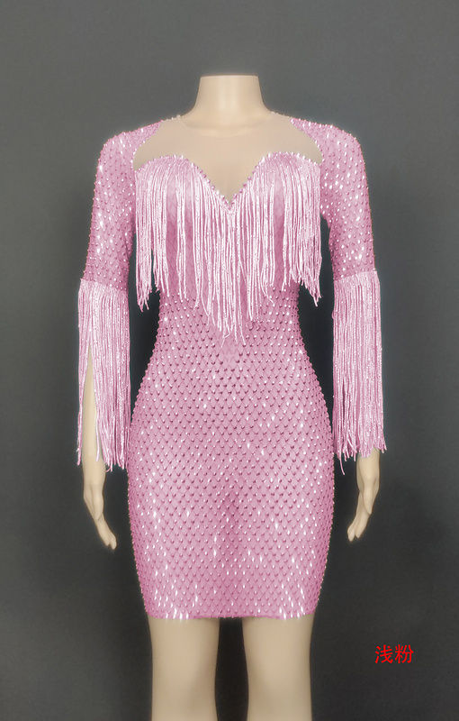 Thumbnail: Crystal Diamonds Tassels Women Maxi Dress Bodycon Sheath Low-Cut See-Through