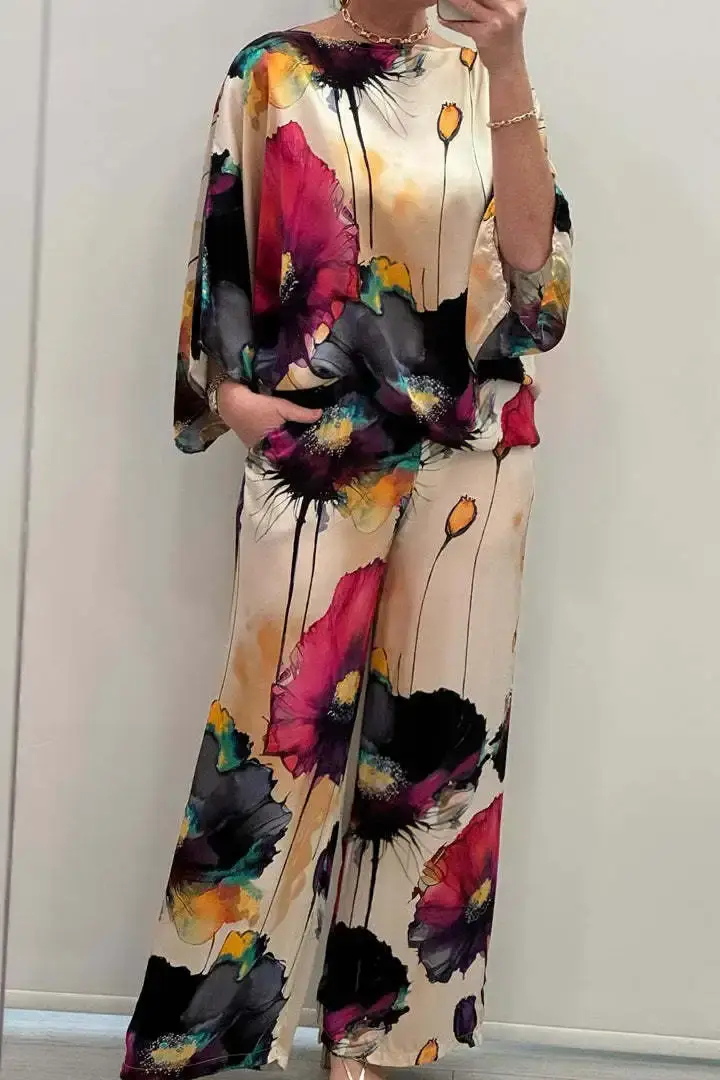 Miniatura: Two Piece Sets Women Sexy Round Neck 3/4 Sleeved Top + Wide Leg Long Pants