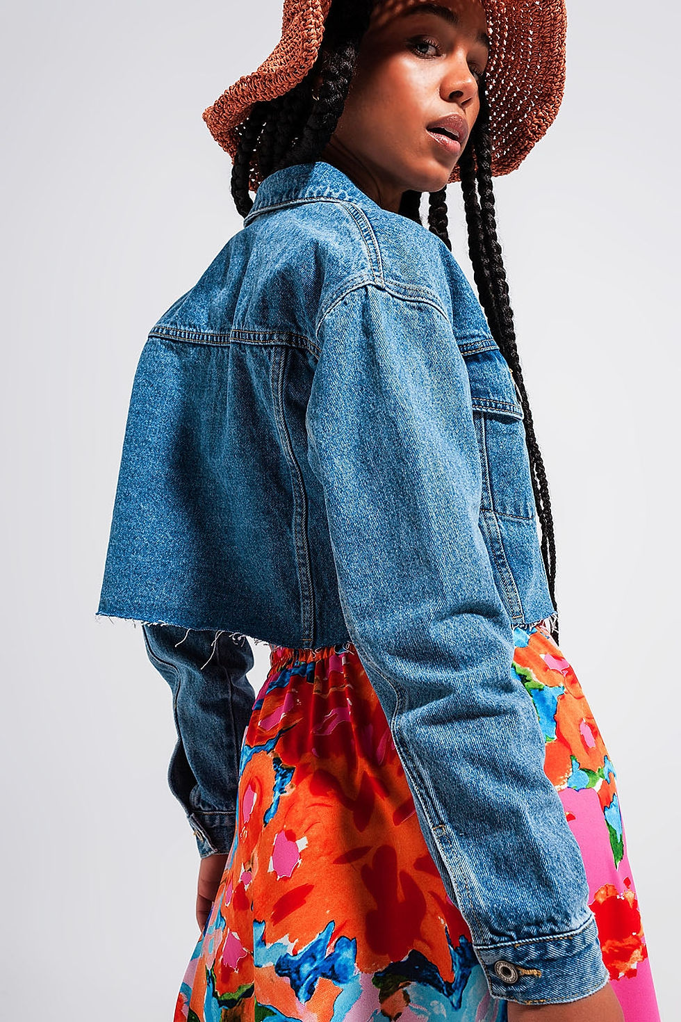 Thumbnail: Cropped Denim Jacket With Raw Hem in Mid Wash
