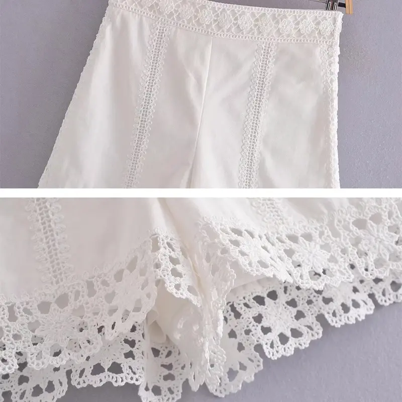 Thumbnail: Women Lace Patchwork Set Blouse and Shorts White Fashion Turn Down Collar Shirt