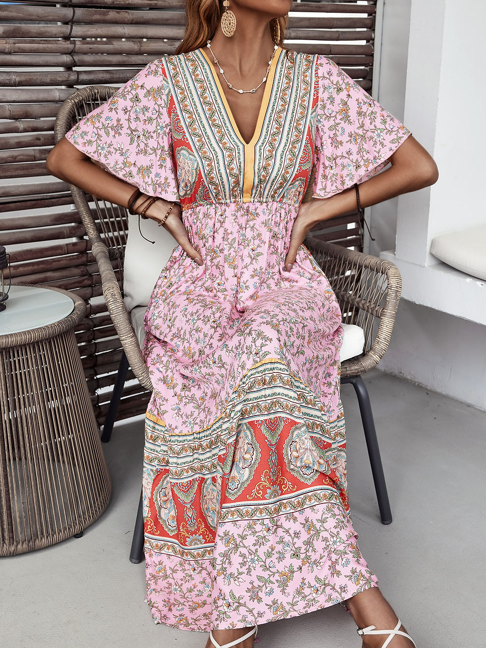 Miniatura: Summer Dizzy Floral Print Butterfly Sleeve V-Neck Maxi Bohemian Women Dress
