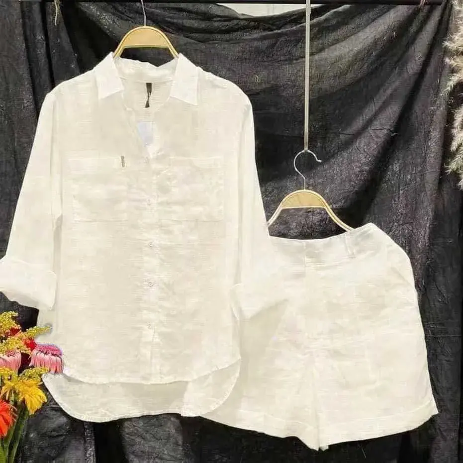 Miniatura: White Long Sleeve Shirt and Shorts Two Piece Sets Women
