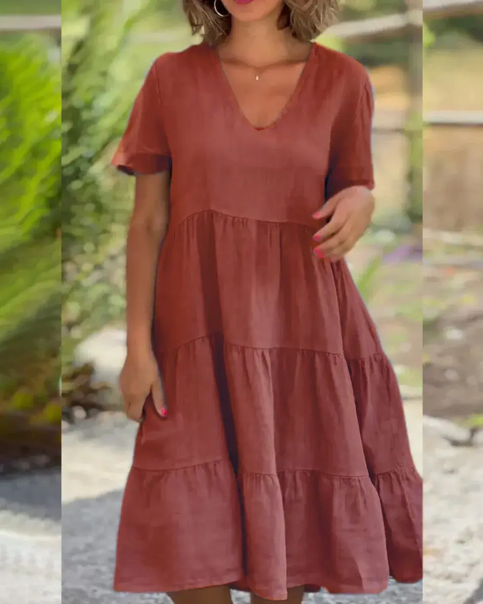Miniatura: Cotton and Linen Casual Women's Dresses Sweet Short Sleeve Solid V-Neck Large