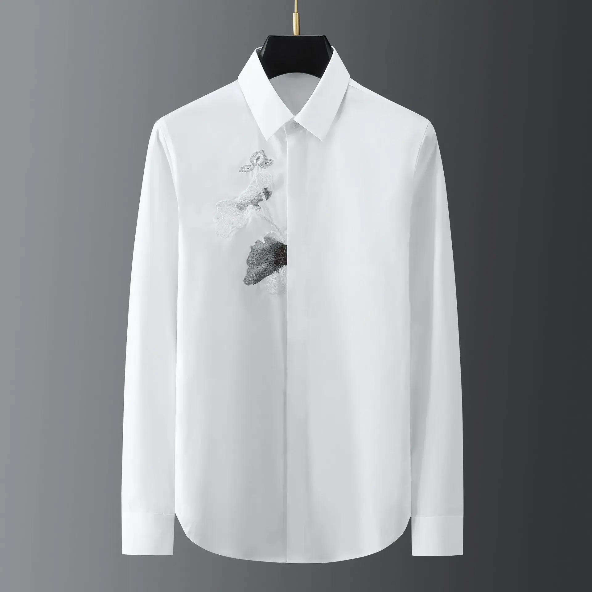 Brand Lotus Embroidered Men's Shirt High Quality Casual Dress Shirt Long Sleeve