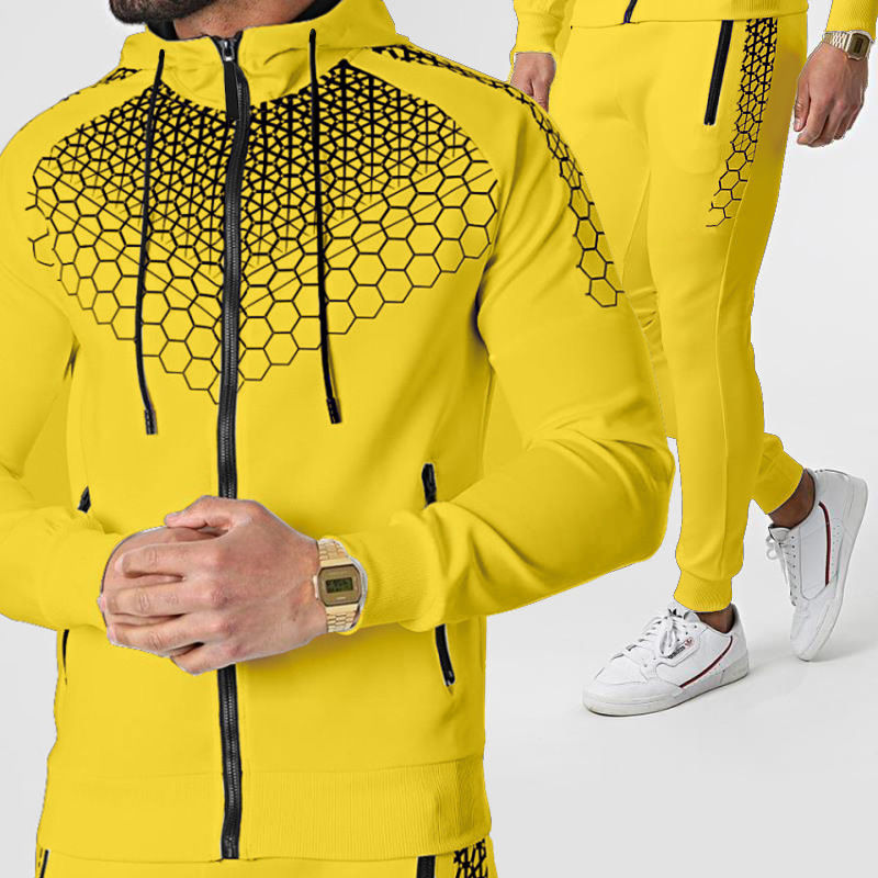 Miniatura: Zip Up Honeycomb Printed Sweater Pant Set Autumn Two-Piece Suit Set Men