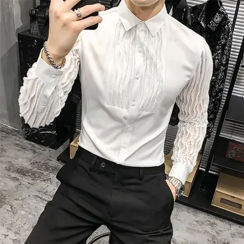 Thumbnail: Lace Hollow Shirts for Men Long Sleeve Slim Fit Streetwear