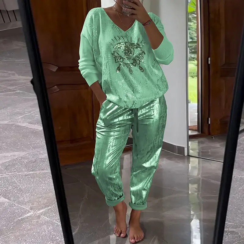 Miniatura: Gold Shining Eye Print Women 2 Piece Set Spring Long-Sleeved v Neck Top