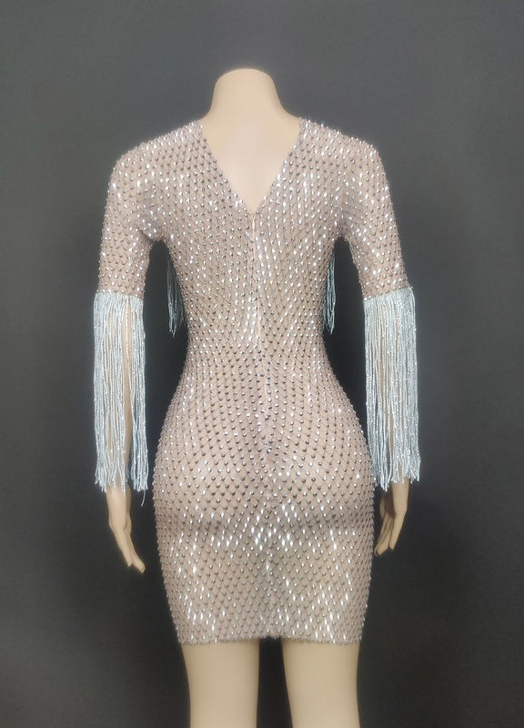 Thumbnail: Crystal Diamonds Tassels Women Maxi Dress Bodycon Sheath Low-Cut See-Through