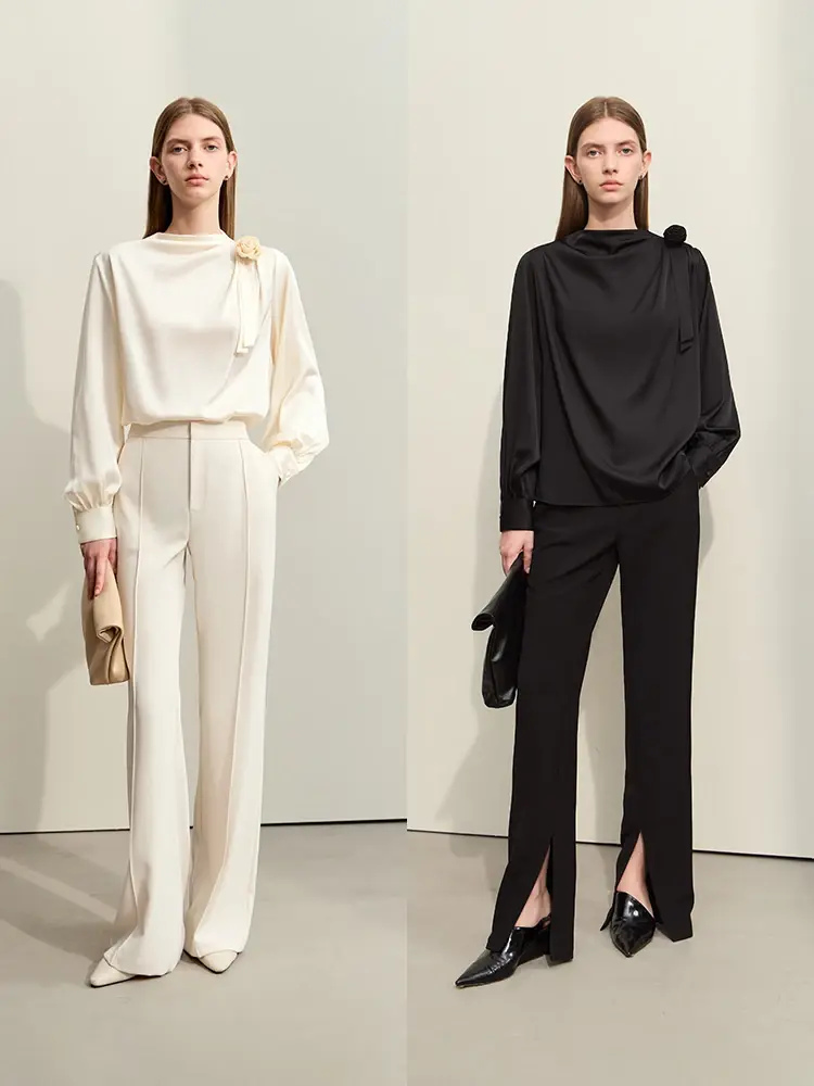 Thumbnail: Amii Minimalism Women's Blouse Swing Collar Long-Sleeve Silk Micro-Stretch Tops