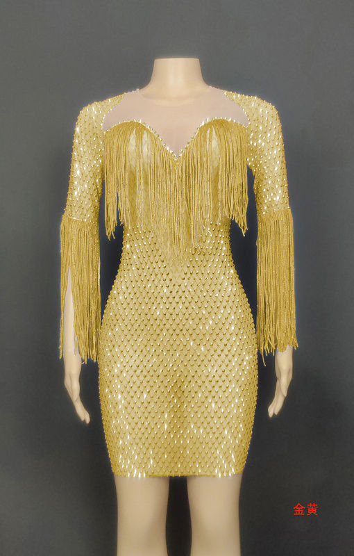 Thumbnail: Crystal Diamonds Tassels Women Maxi Dress Bodycon Sheath Low-Cut See-Through