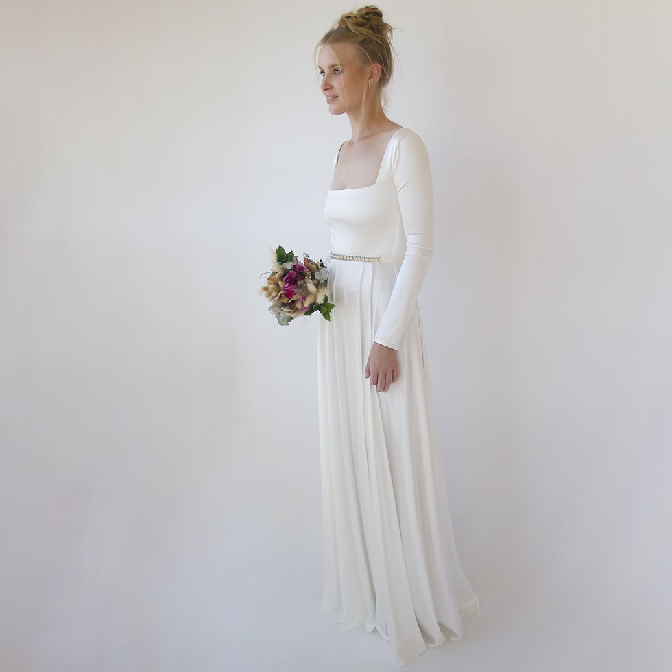Miniatura: Bestseller Ivory Square Neckline Minimalist Satin Wedding Dress #1351