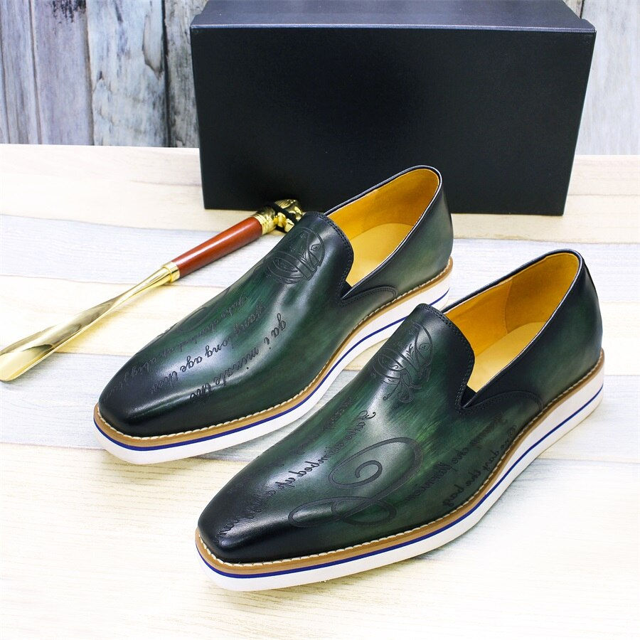Miniatura: Men Casual Shoes Green Comfortable Flat Loafers Classic Pointed Handmade Leather