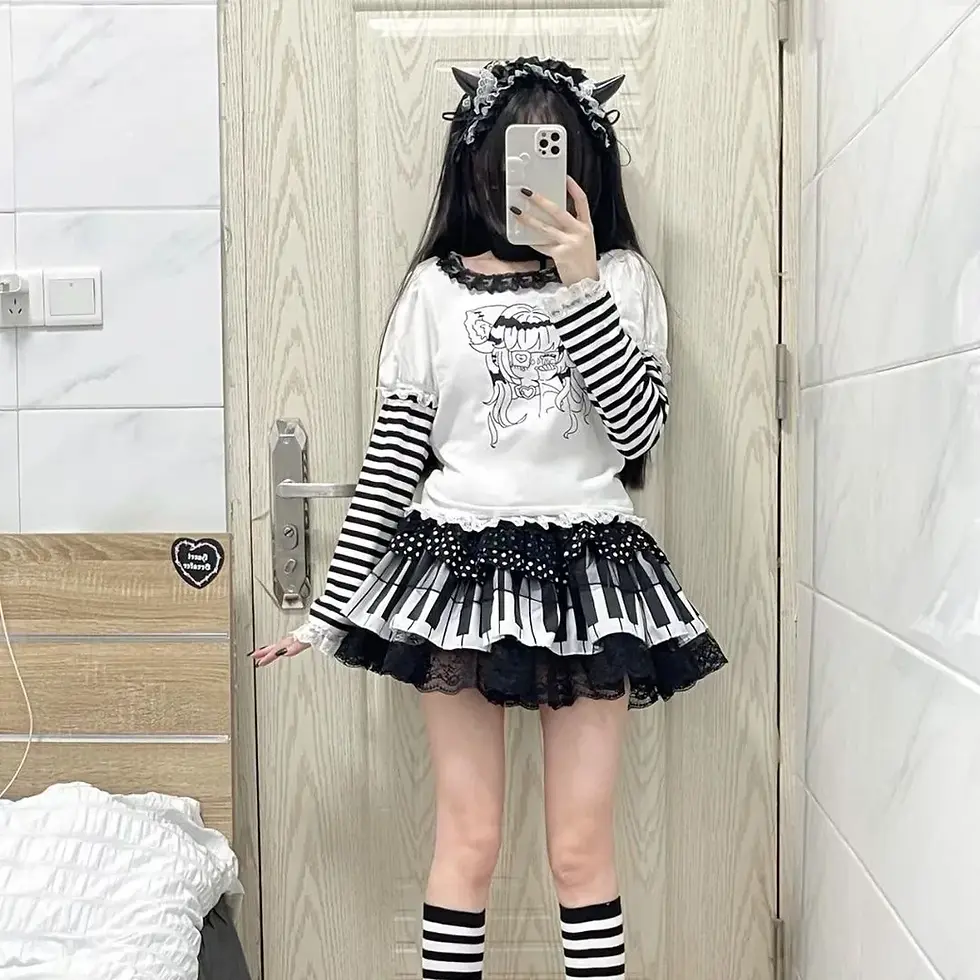 Miniatura: Black and White Polka Dot Lace Girls Skirt Subculture Cake Skirt Traf