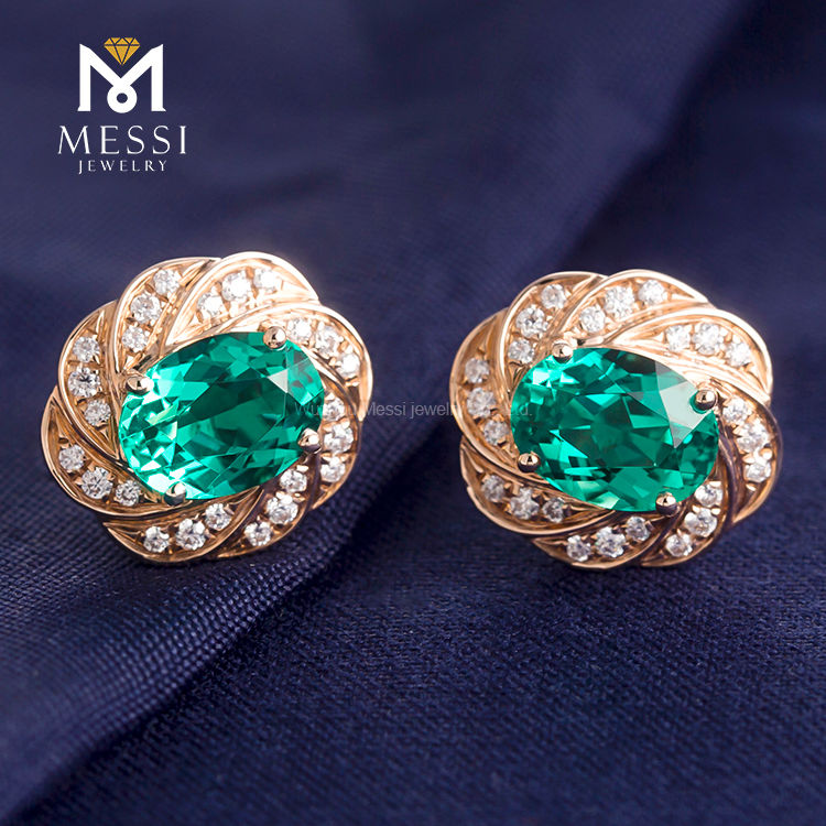 Miniatura: MS-199 Messi Jewelry Oval 14k 18k Gold 2 Carat Lab Created Emerald Earrings