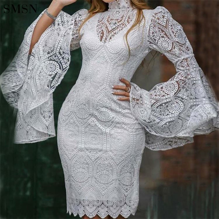 Thumbnail: High Quality Embroidery Flare Sleeve Lace Luxury Elegant Sexy Long Dresses
