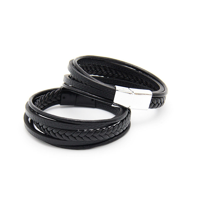 Miniatura: Genuine Leather Bracelets Men Stainless Steel Multilayer Braided Rope Bracelets