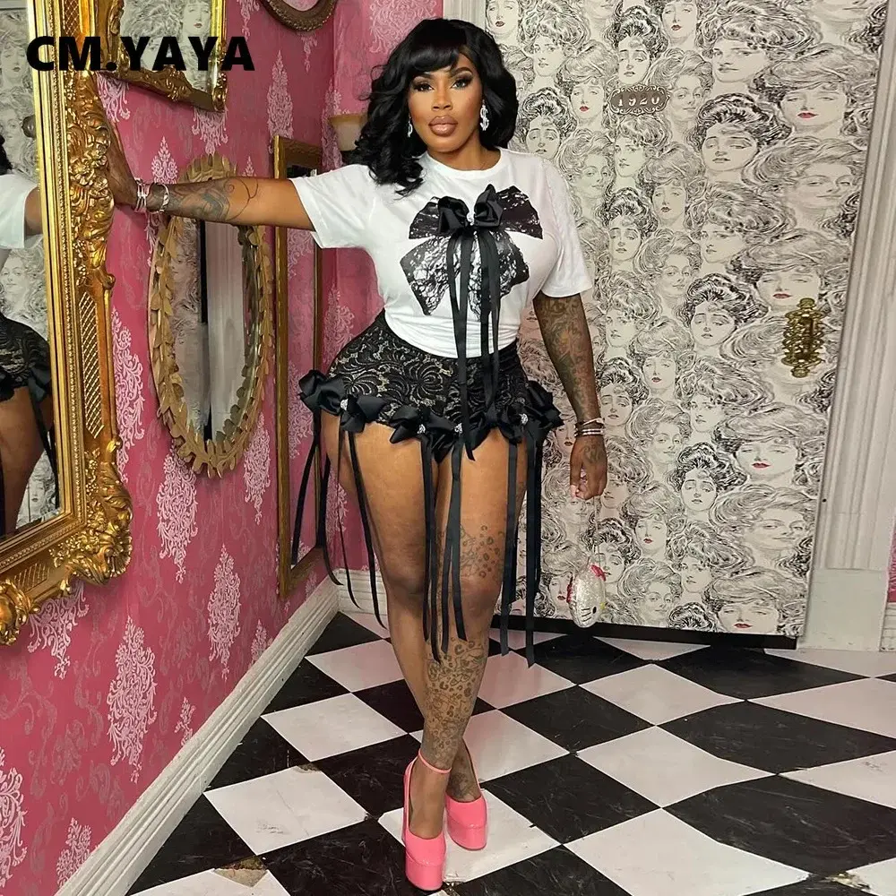 Women's Set Bow O-Neck Short Sleeve Tops and Lace Shorts Suits Streetwear Casual