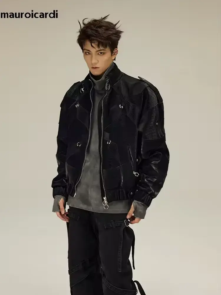 Thumbnail: Mauroicardi Spring Autumn Cool Handsome Crocodile Print Patchwork Pu Leather