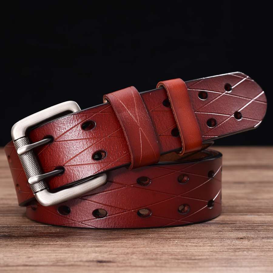 Miniatura: Men's Leather Double Prong Belt Universal Hollowed Out Belt