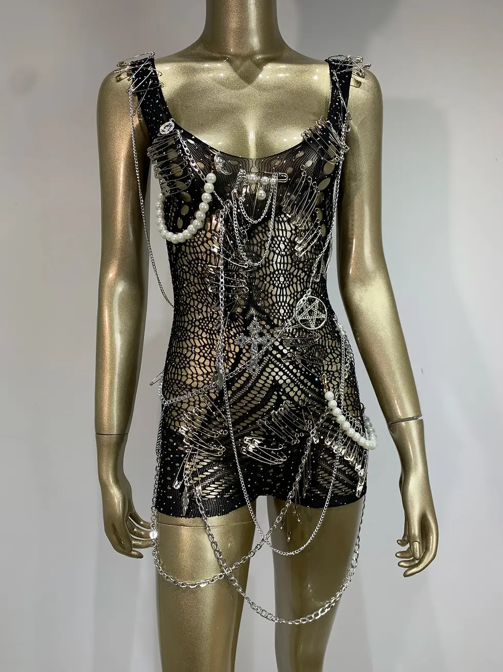Thumbnail: Stock Women Sparkling Metal Chain Sleeveless Cut Out Bodycon Bodysuit