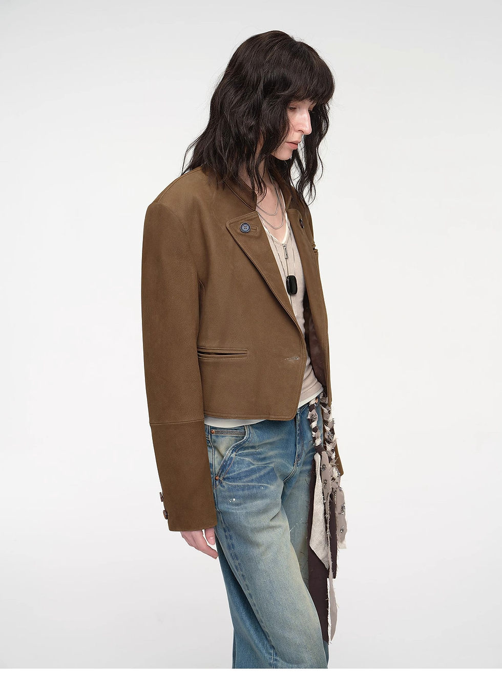 Thumbnail: Stand Collar Suit Sheepskin Leather Short Jacket "Roman Story"