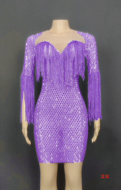 Thumbnail: Crystal Diamonds Tassels Women Maxi Dress Bodycon Sheath Low-Cut See-Through