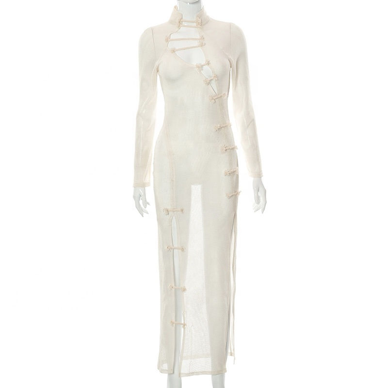 Thumbnail: Solid Mesh Cheongsam Patchwork Hollow Elegant Casual Long Sleeve Sexy Dresses