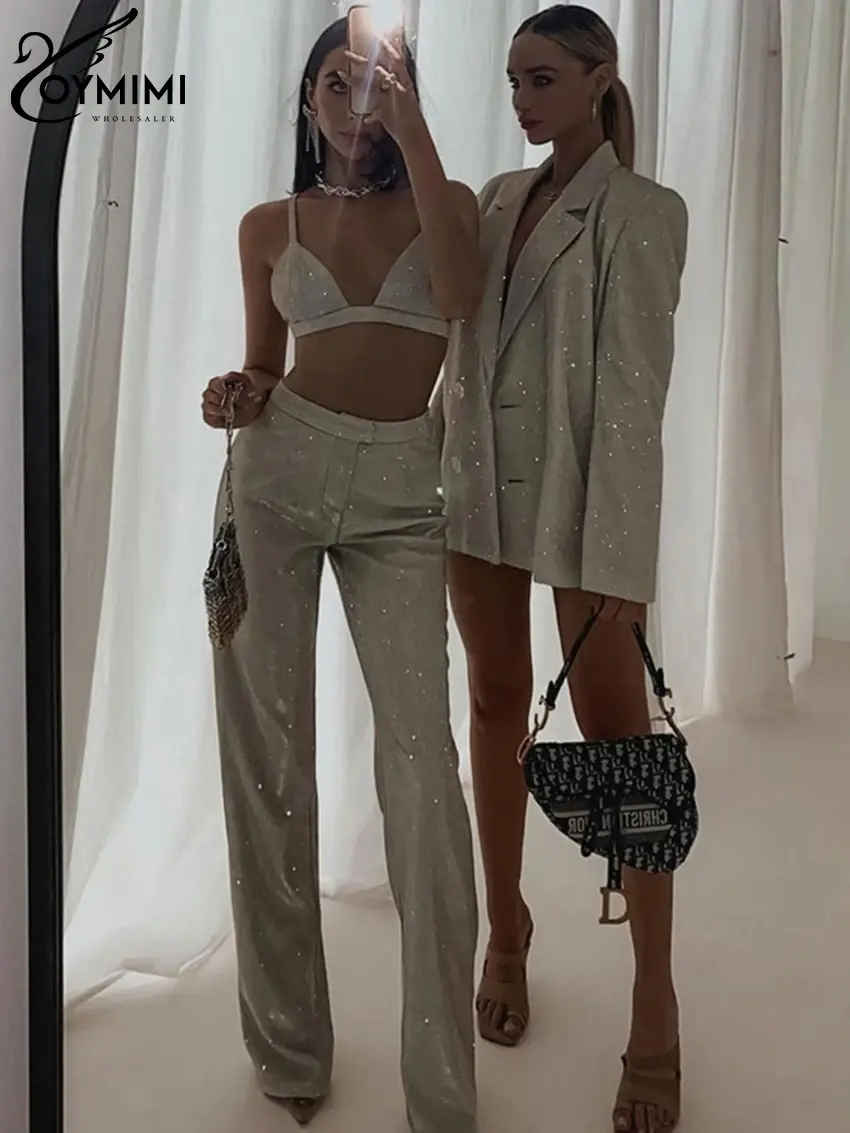 Thumbnail: Long Sleeve Blazer + Bra Womens 3 Piece Outfit Set
