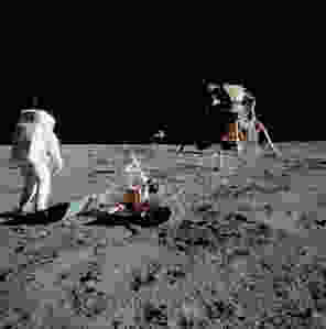 Buzz Aldrin, seismic experiment, and the lunar lander.