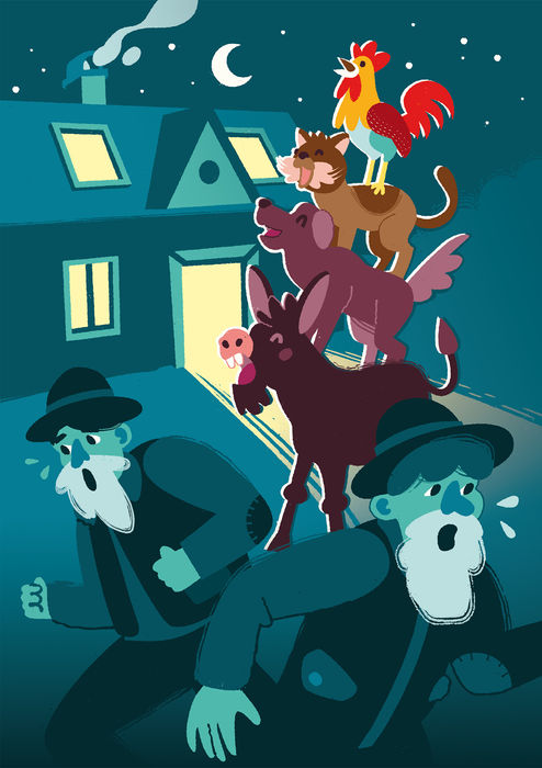 A szamár, a kutya, a macska és a kakas kiabálnak. Vector illusztráció, Affinity Designer