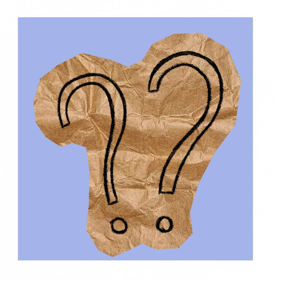 A set of question marks on a piece of brown paper with blue background