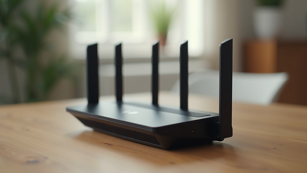 Close-up view of a modern Wi-Fi 6 router placed on a wooden table