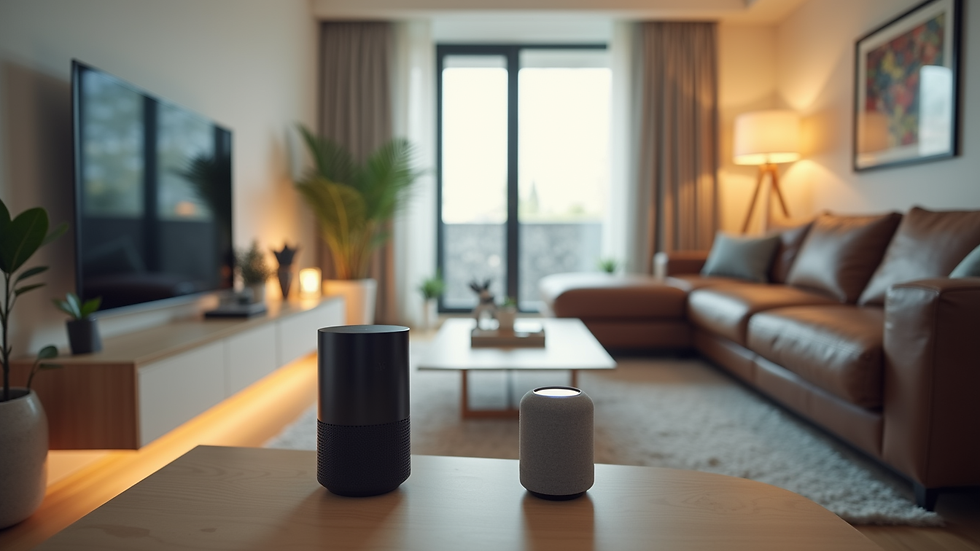 Eye-level view of a modern living room with multiple smart home devices connected