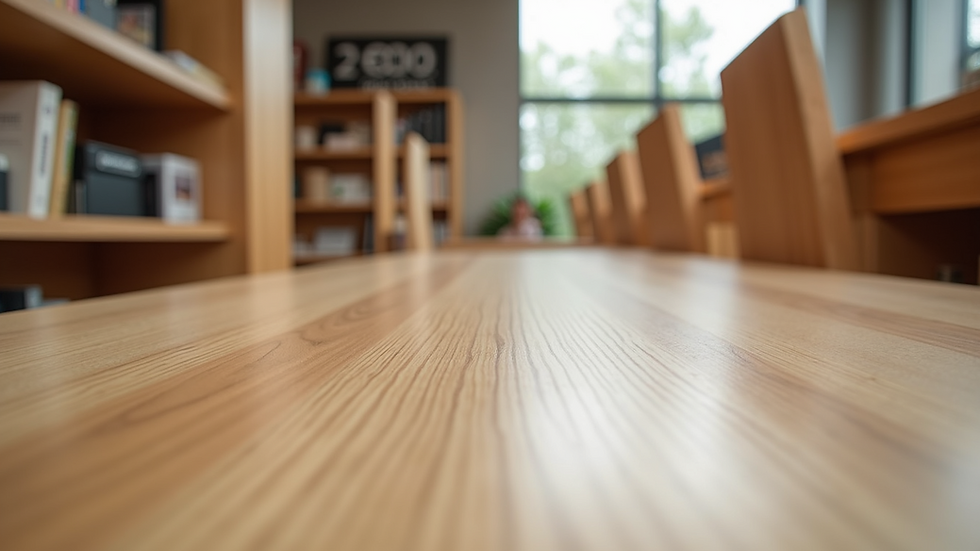 Eye-level view of modular wooden furniture in a showroom