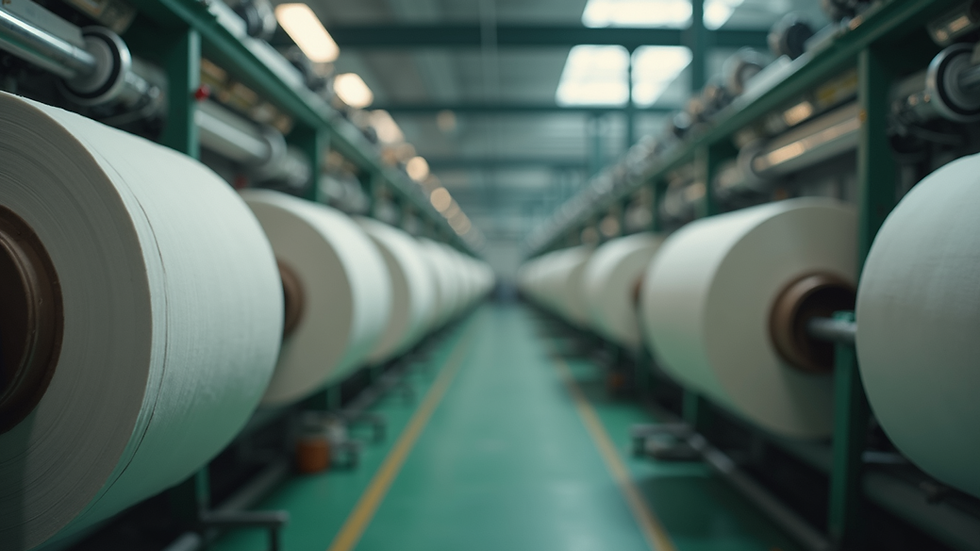 Close-up of recycled fabric rolls in a textile factory