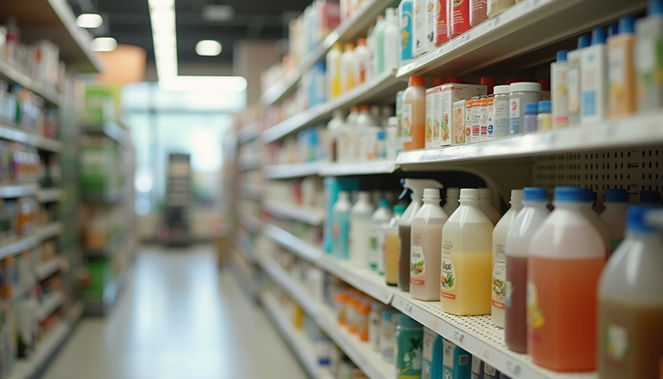 Eye-level view of a shelf displaying eco-friendly household products with clear labels
