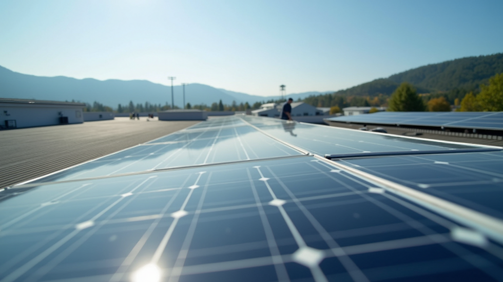 Eye-level view of solar panels on a commercial building roof