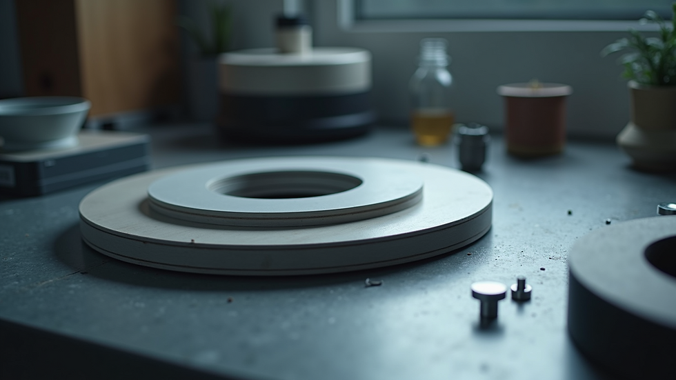 Close-up view of circular product design prototype on a workbench
