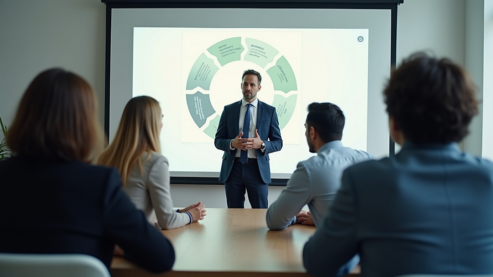 Eye-level view of a consultant presenting circular economy strategy to business team