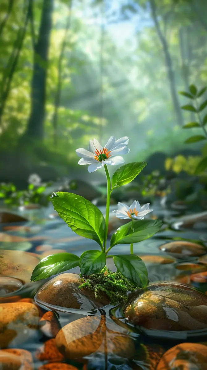 jackyg23_A_small_flower_next_to_the_water_in_the_shade._The_bac_2eb35427-f1a3-43b5-ab5e-09c9e20a8ea9