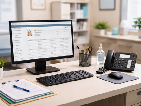 Small healthcare office workstation with organized technology setup supporting day to day HIPAA related operations