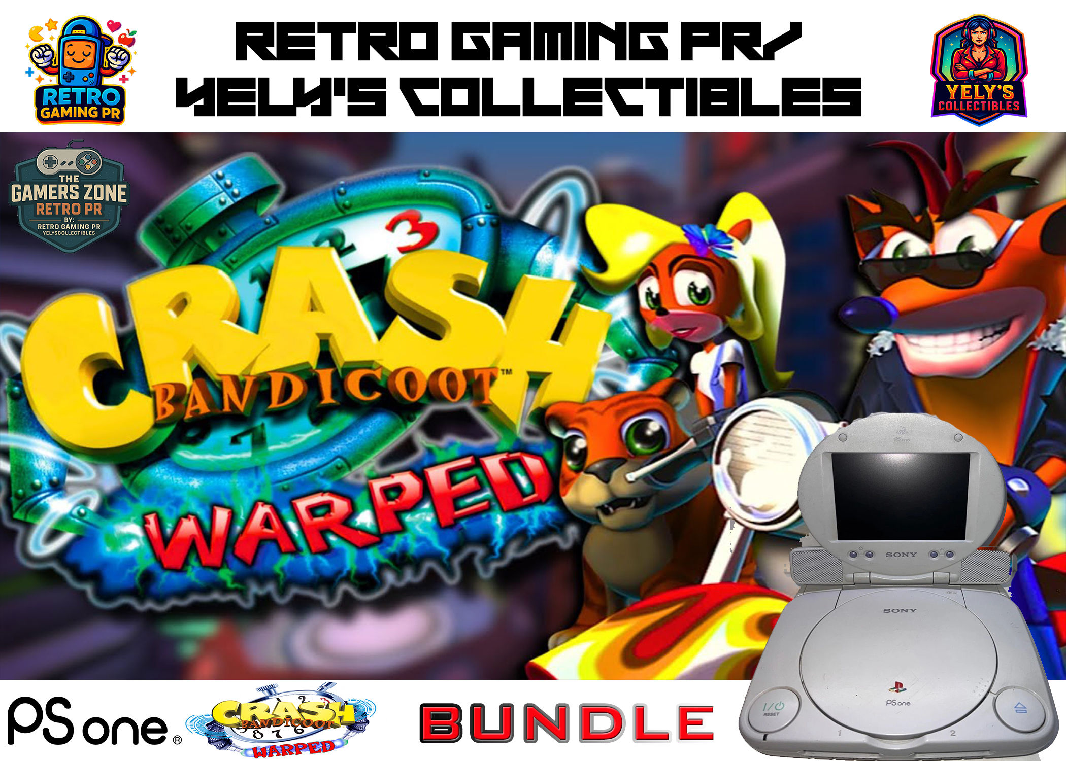 Sony Playstation One Console with LCD Bundle Crash Bandicoot 3 Warped Game 