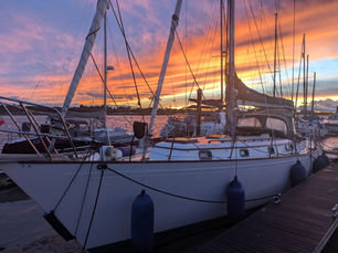 44ft sailboat Silva Nova moored in a UK marina at sunset