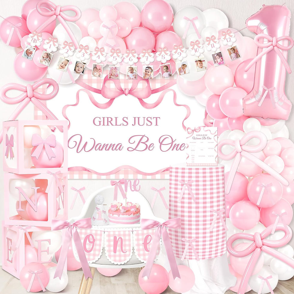 Complete Girls Just Wanna Be One 1st birthday decoration set including balloons, foil number “1”, backdrop, photo banner, highchair banner, birthday crown, cake topper, and milestone poster in soft pink and white coquette theme.
