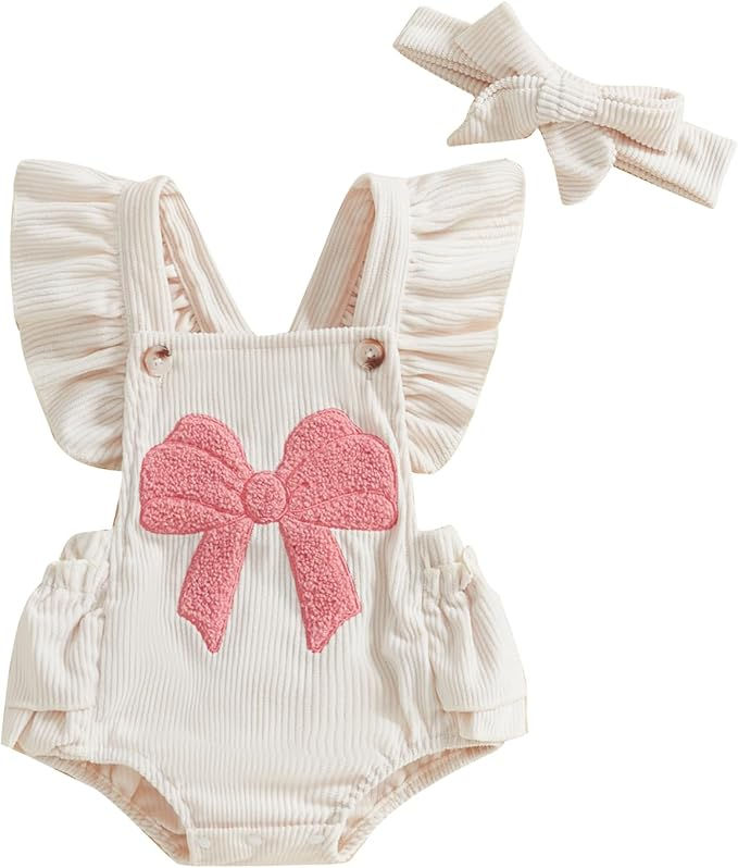 Baby girl corduroy bow romper with matching headband in pink coquette style, ideal for 1st birthday outfit, breathable cotton summer design.