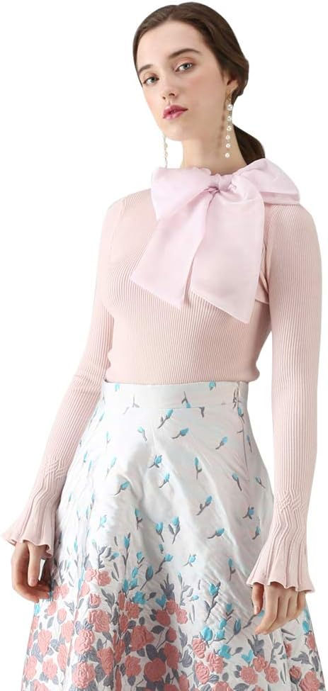 Women’s long sleeve bow-tie knit top with mock neck, slim fit and elegant design, perfect for moms attending 1st birthday parties and cake smash photo shoots.