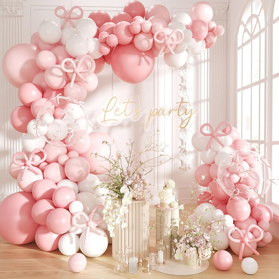 Pink bow balloon garland kit with 180 pieces, including pink, light pink, white, and clear balloons with bows, tape, and glue dots. Perfect for a coquette Girls Just Wanna Be One 1st birthday party, creating a festive, girly backdrop for cakes, desserts, and photo areas.