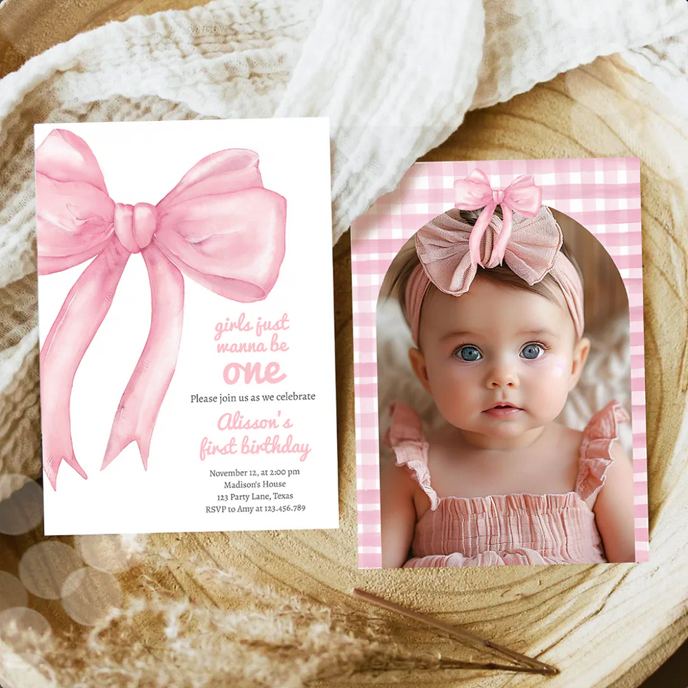 5x7 photo birthday invitation with pink gingham border, large watercolor bow, and space for a baby photo, designed for a Girls Just Wanna Be One first birthday theme.