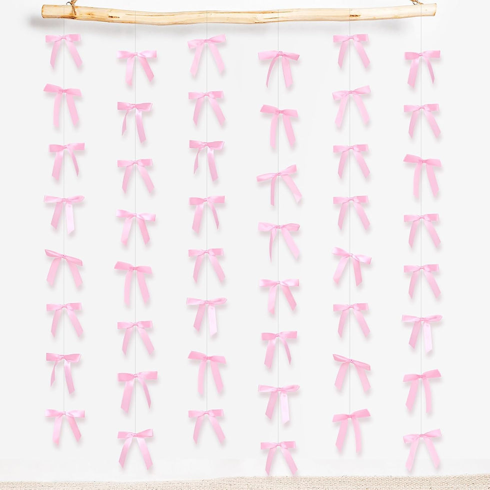 Six strands of pink satin bow garlands, each 6.6 ft long, pre-strung and ready to hang as Girls Just Wanna Be One first birthday decorations. Perfect for backdrop, cake table, or wall decor with a coquette bow theme.